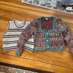 Floral Knit Cardigan and Striped Sweater Vest Set